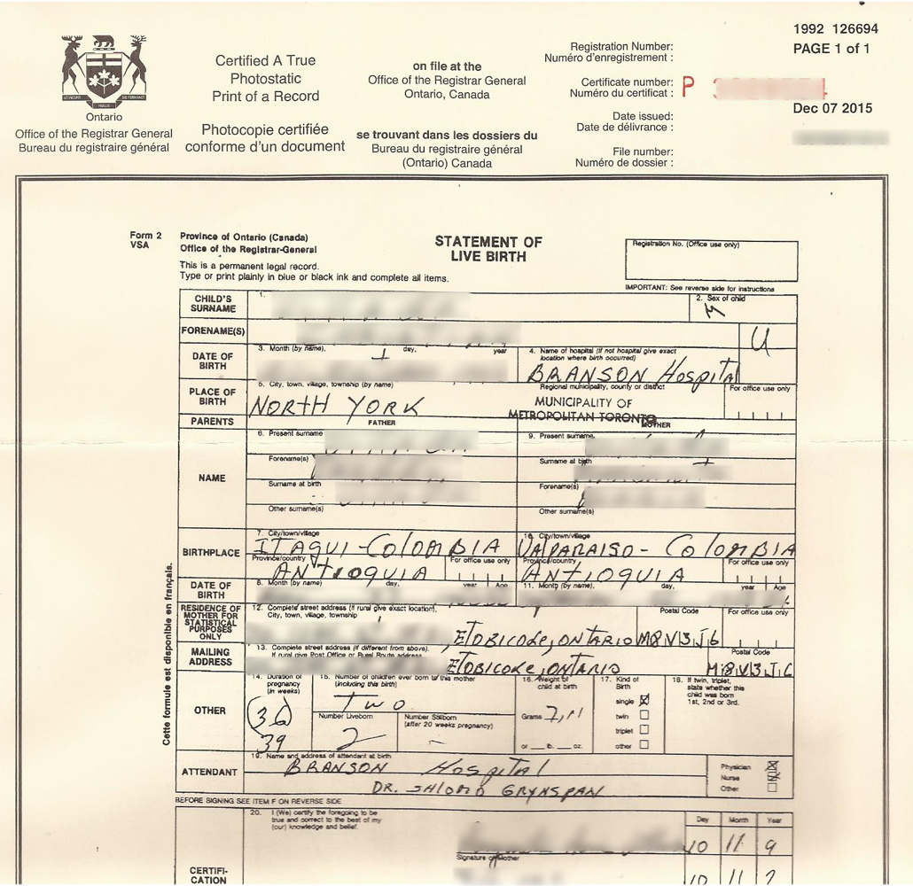 Birth Certificate - Canada - Spanish Translator