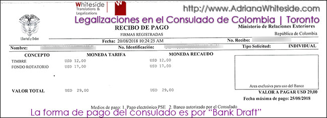 Costo de legalización en el consulado colombiano