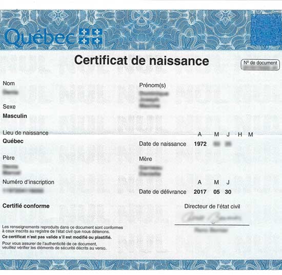 Quebec Birth Certificate - French Spanish Translations